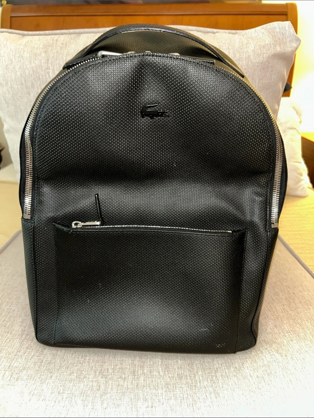 Lacoste Black Textured Men's Backpack with Front Zip Pocket